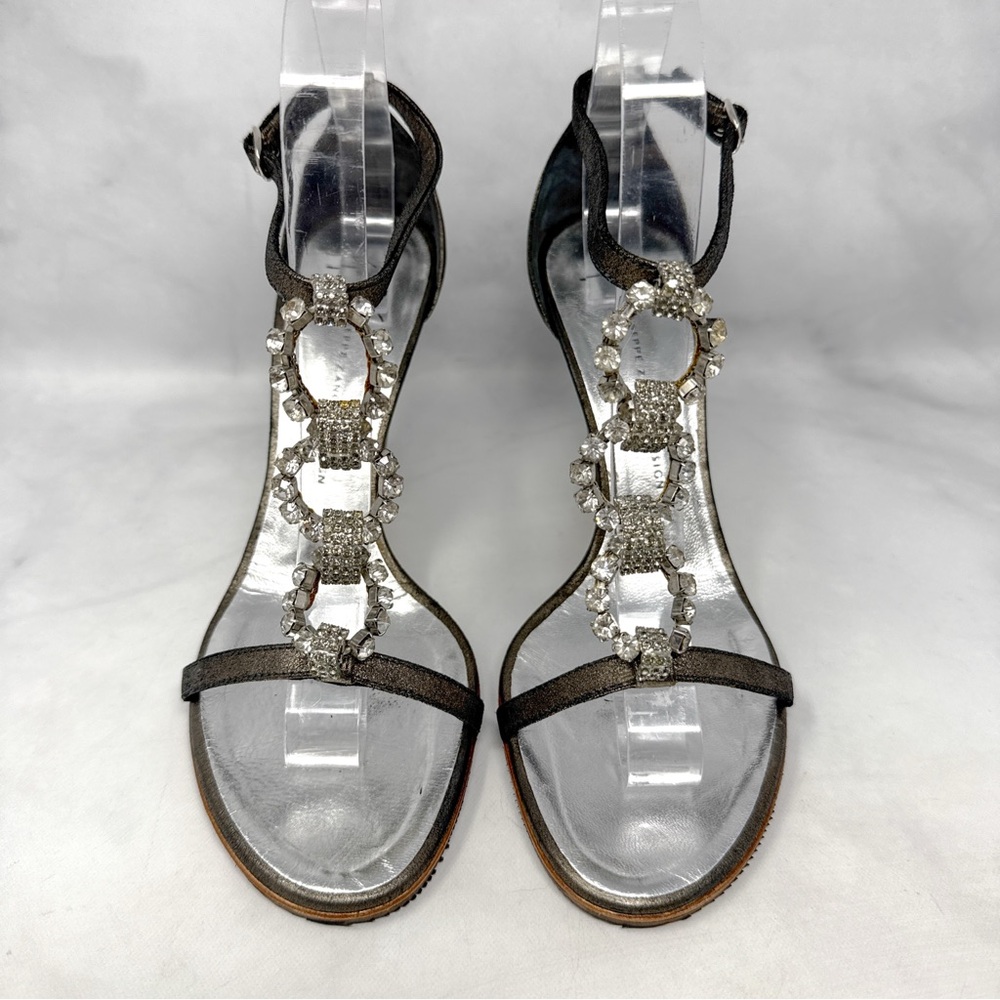 Giuseppe Zanotti Vicini Vintage Y2K Metallic Leather Block Heel Sandals Bling 39